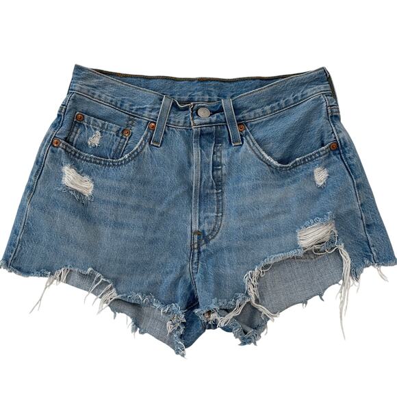Levi's 501 Original Fit Mid-Rise Distressed Cut-Off Shorts Sz 27 Whiskers Fade - Picture 1 of 9